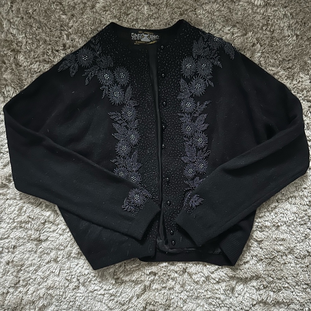 Vintage cashmere sweater cardigan black beaded decorative small